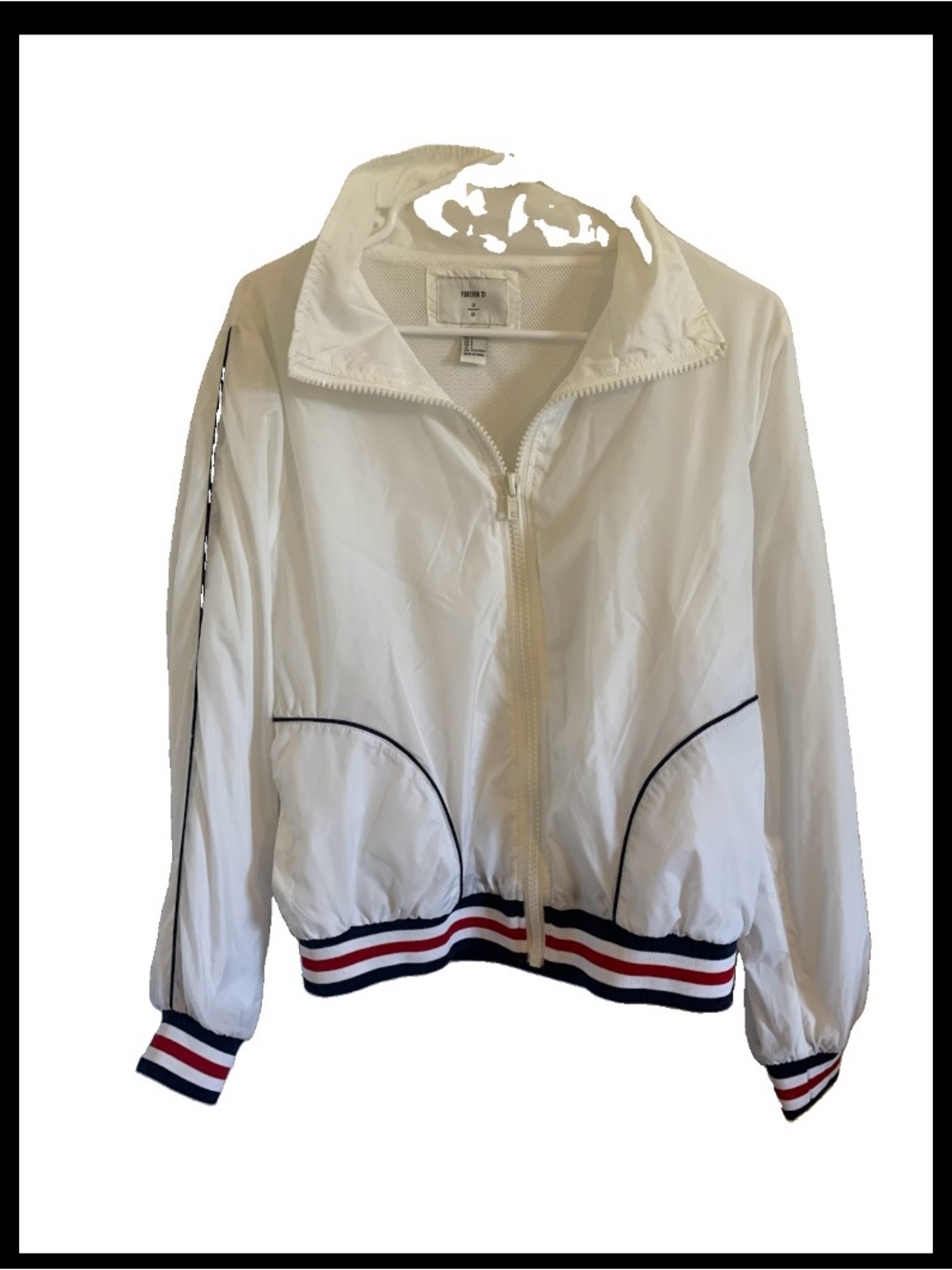 Forever 21 White Women's windbreaker Jacket with Navy & Red Trim